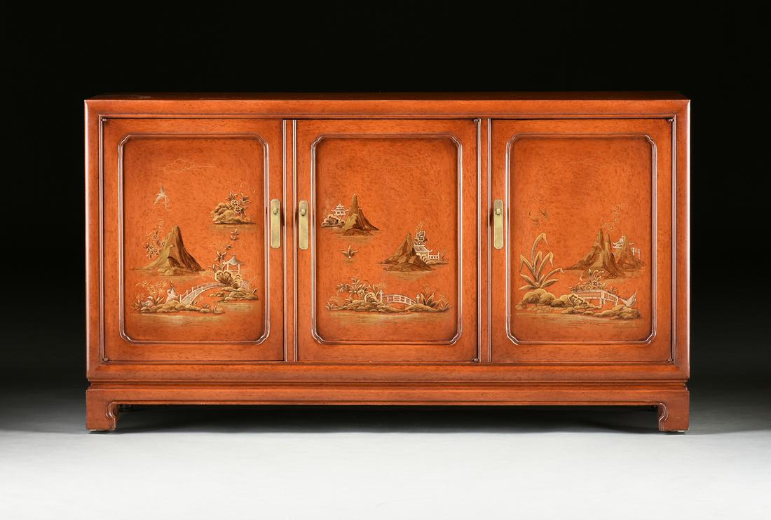 A MODERN AMERICAN CHINOISERIE DECORATED AND FAUX BURLED: A MODERN AMERICAN CHINOISERIE DECORATED AND FAUX BURLED BURNT ORANGE LACQUER CONSOLE CABINET, BY JOHN WIDDICOMB CO, GRAND RAPIDS, MICHIGAN, 20TH CENTURY, the rectangular top above left side paired doo