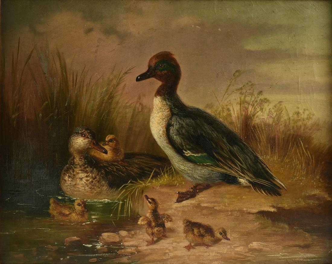 MUNICH SCHOOL (19th Century) A PAINTING, "Green Winged: MUNICH SCHOOL (19th Century) A PAINTING, "Green Winged Teal Duck Family," GERMAN, oil on canvas, signed L/R, "A. Heidelberg," verso canvas stamped in red and a paper label with hand inscription on str