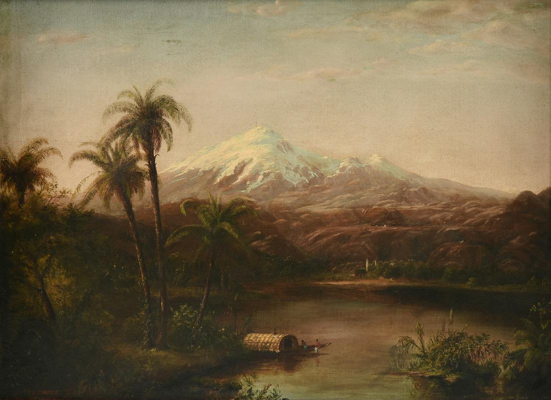 follower of FREDERIC EDWIN CHURCH (American 1826-1900): follower of FREDERIC EDWIN CHURCH (American 1826-1900) A SECOND GENERATION HUDSON RIVER SCHOOL PAINTING, "Tamaca Palms," MID 19TH CENTURY, oil on canvas, acknowledgment and partial signature L/L. 18"