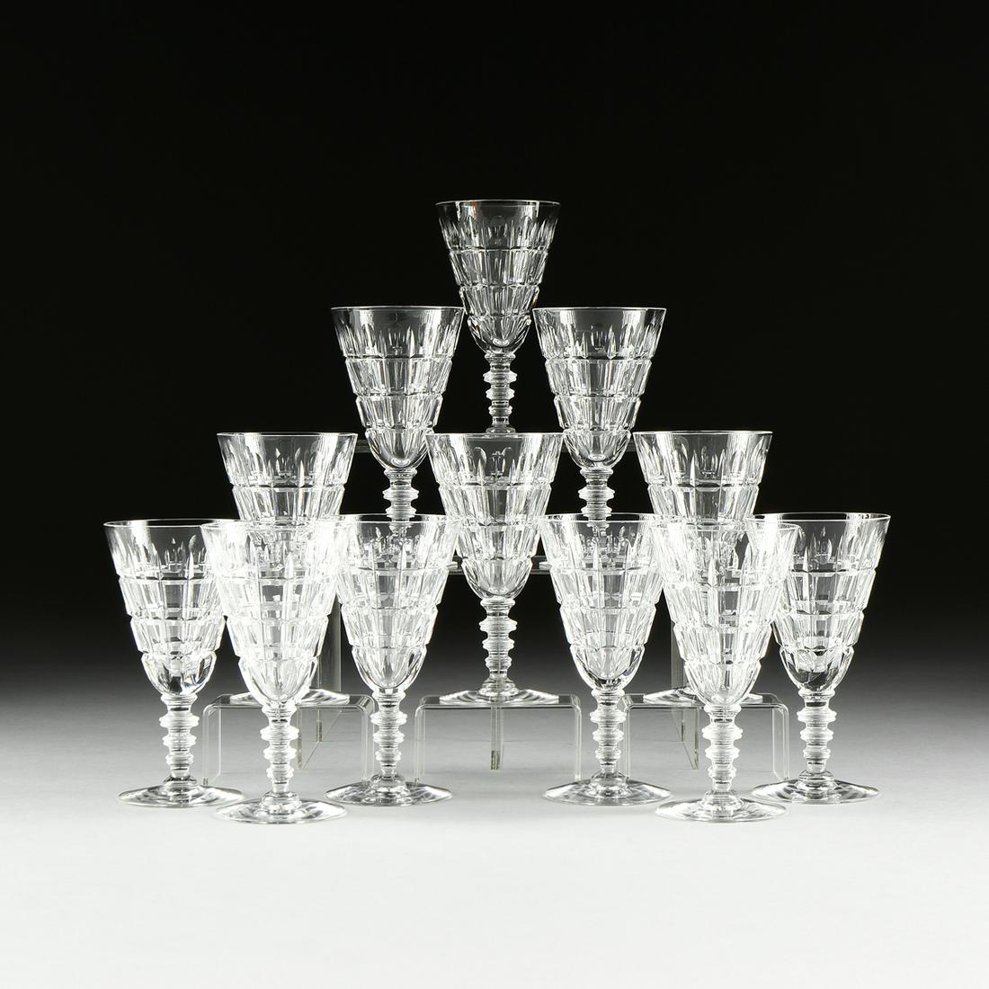 A SET OF TWELVE HAWKES CUT GLASS WATER GOBLET STEMWARE,: A SET OF TWELVE HAWKES CUT GLASS WATER GOBLET STEMWARE, VERNAY PATTERN, SIGNED, 20TH CENTURY, acid edged mark base. Height: 6 1/2" Diameter 3 3/8" 