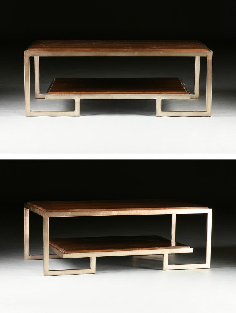 A PAIR OF CONTEMPORARY POLISHED OAK TOPPED AND SILVER: A PAIR OF CONTEMPORARY POLISHED OAK TOPPED AND SILVER LEAFED STEEL TWO TIER COFFEE TABLES, each of rectangular form with dark stained oak planks top and chamfered edge, within a tinted silver leafed f