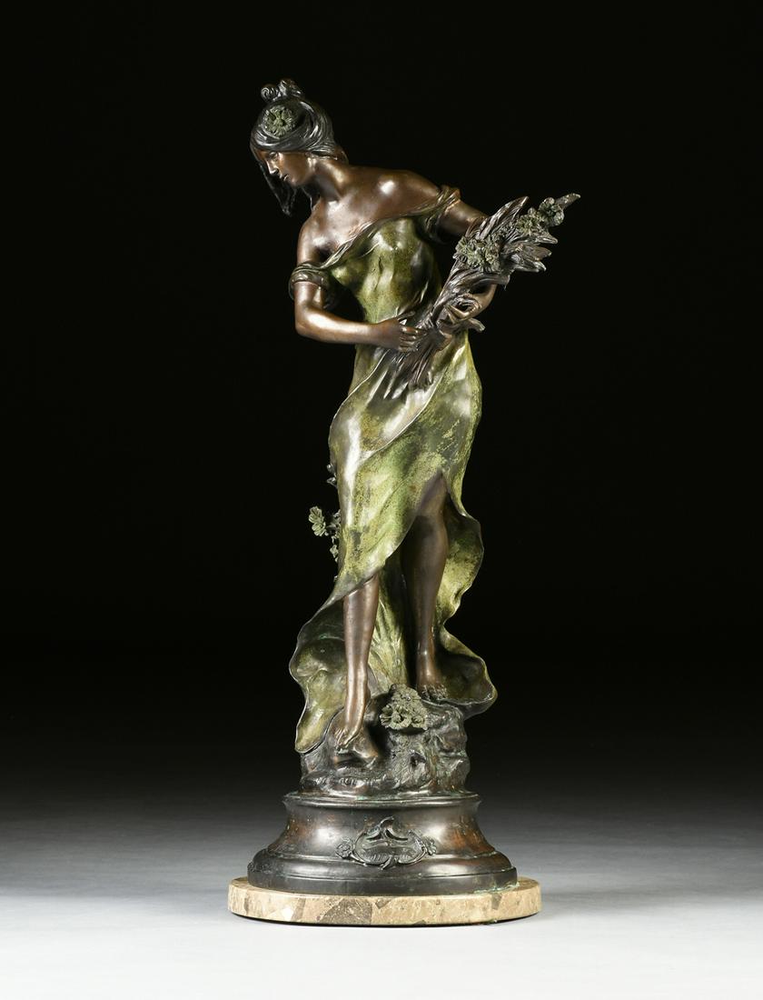 after AUGUSTE MOREAU (French 1834-1917) A BRONZE: after AUGUSTE MOREAU (French 1834-1917) A BRONZE SCULPTURE, "Reine des Pres," EARLY/MID 20TH CENTURY, patinated bronze raised on a granite plinth base, signed spuriously "Aug. Moreau" in bronze. Heigh