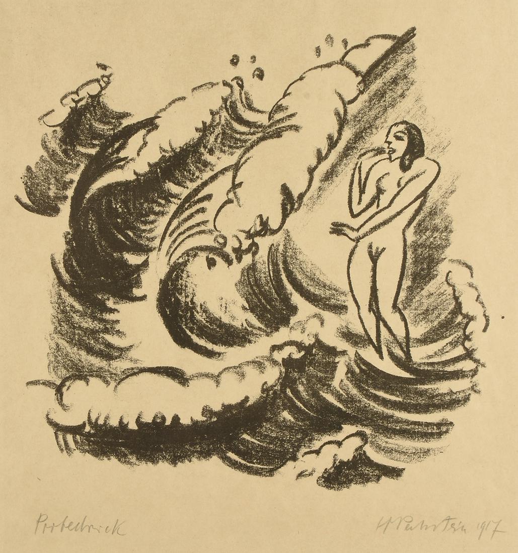 HERMANN MAX PECHSTEIN (German 1881-1955) A LITHOGRAPH,: HERMANN MAX PECHSTEIN (German 1881-1955) A LITHOGRAPH, "In den Wellen Badende," 1917, on paper, signed and dated L/R, inscribed "Probedruck" L/L, image: 9 1/2" x 9 1/2"; sheet: 13 3/8" x 12 3/4". Note