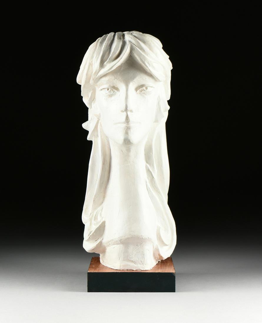 DAVID ADICKES (American/Texas b. 1927) A SCULPTURE,: DAVID ADICKES (American/Texas b. 1927) A SCULPTURE, "Maquette for Bust of Emily," plaster, signed in gilt pen "Adickes," at base of neck, raised on a custom black painted wood base. Height: 21" Diamet