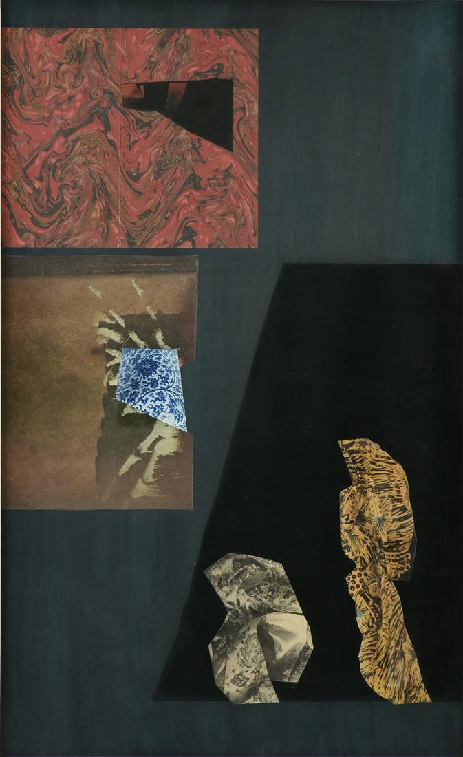 DOROTHY HOOD (American/Texas 1918-2000) A COLLAGE,: DOROTHY HOOD (American/Texas 1918-2000) A COLLAGE, "Finding China," mixed media collage, signed in pencil L/L, verso a paper gallery label. 30" x 20" Provenance: Meredith Long & Company, Houston, Texa