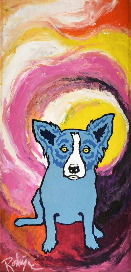 GEORGE RODRIGUE (American/Louisiana 1944-2013) A: GEORGE RODRIGUE (American/Louisiana 1944-2013) A PAINTING, "Blue Dog Super Nova," CIRCA 1970, oil on wood panel, signed L/L, "Rodrigue." 24" x 12" Provenance: Jean Bragg Antiques, Magazine Street, New
