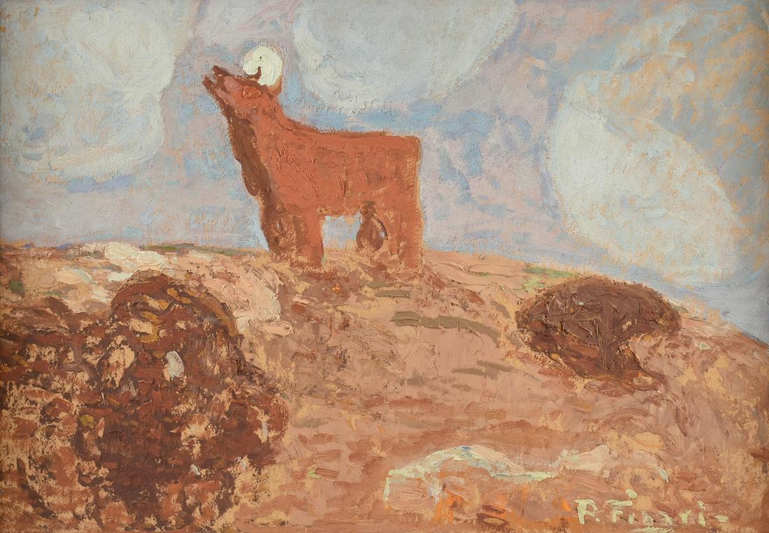 PEDRO FIGARI (Uruguayan 1861-1938) A PAINTING, "El: PEDRO FIGARI (Uruguayan 1861-1938) A PAINTING, "El Rugido," oil on artist board, signed L/R, verso a paper label with title and artist's workshop label. 12 1/2" x 18 1/2" Provenance: Property fro