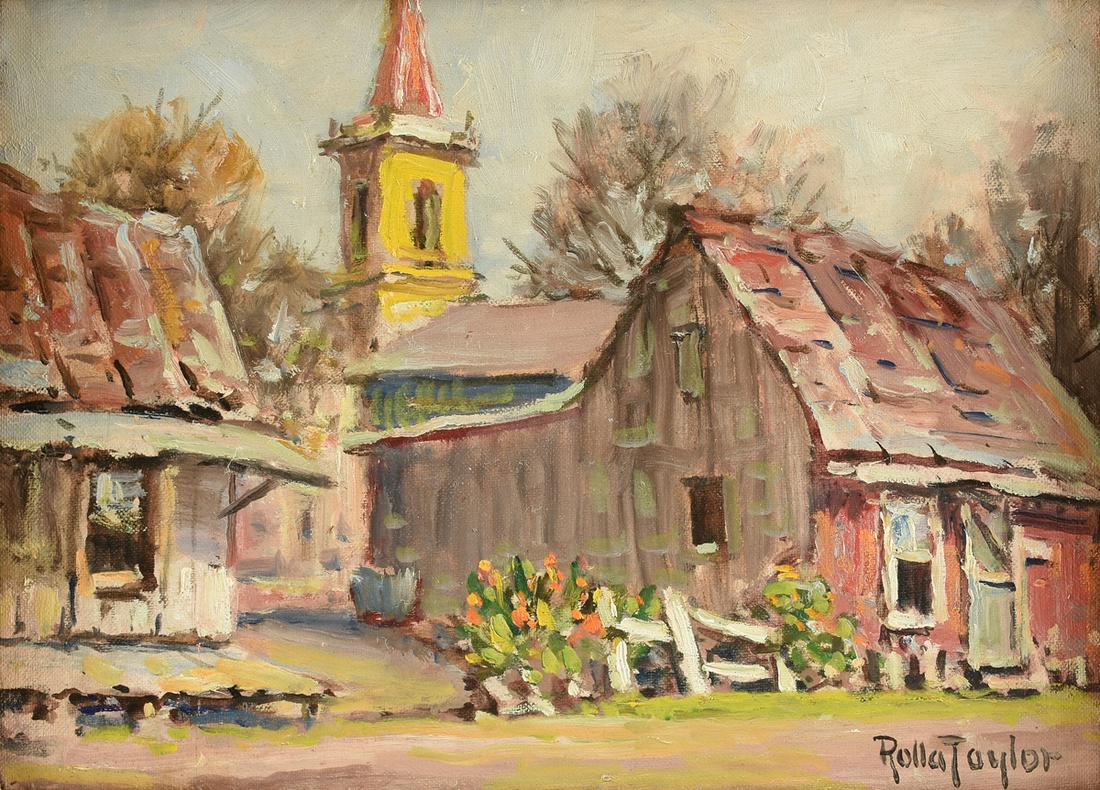 ROLLA SIMS TAYLOR (American/Texas 1872-1970) A: ROLLA SIMS TAYLOR (American/Texas 1872-1970) A PAINTING, "Irish Flats," oil on canvas board, signed L/R. 9" x 12" Note: The present painting is a very similar composition to Taylor's 16" x 20" paintin