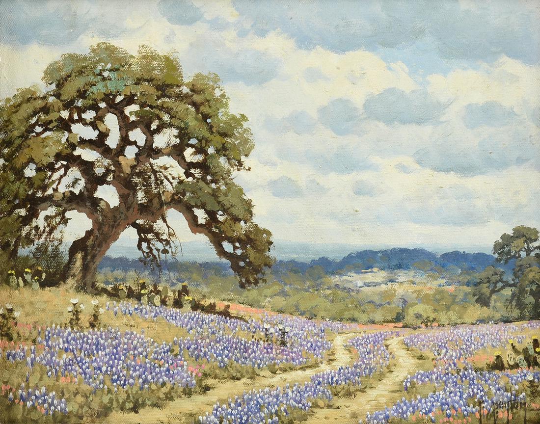 RANDY PEYTON (American b. 1958) A PAINTING, "Flowering: RANDY PEYTON (American b. 1958) A PAINTING, "Flowering Cacti under the Oak with Prickly Poppy, Bluebonnets and Indian Paintbrushes," 2008, oil on canvas, signed L/R, verso signed and dated. 12" x 16"