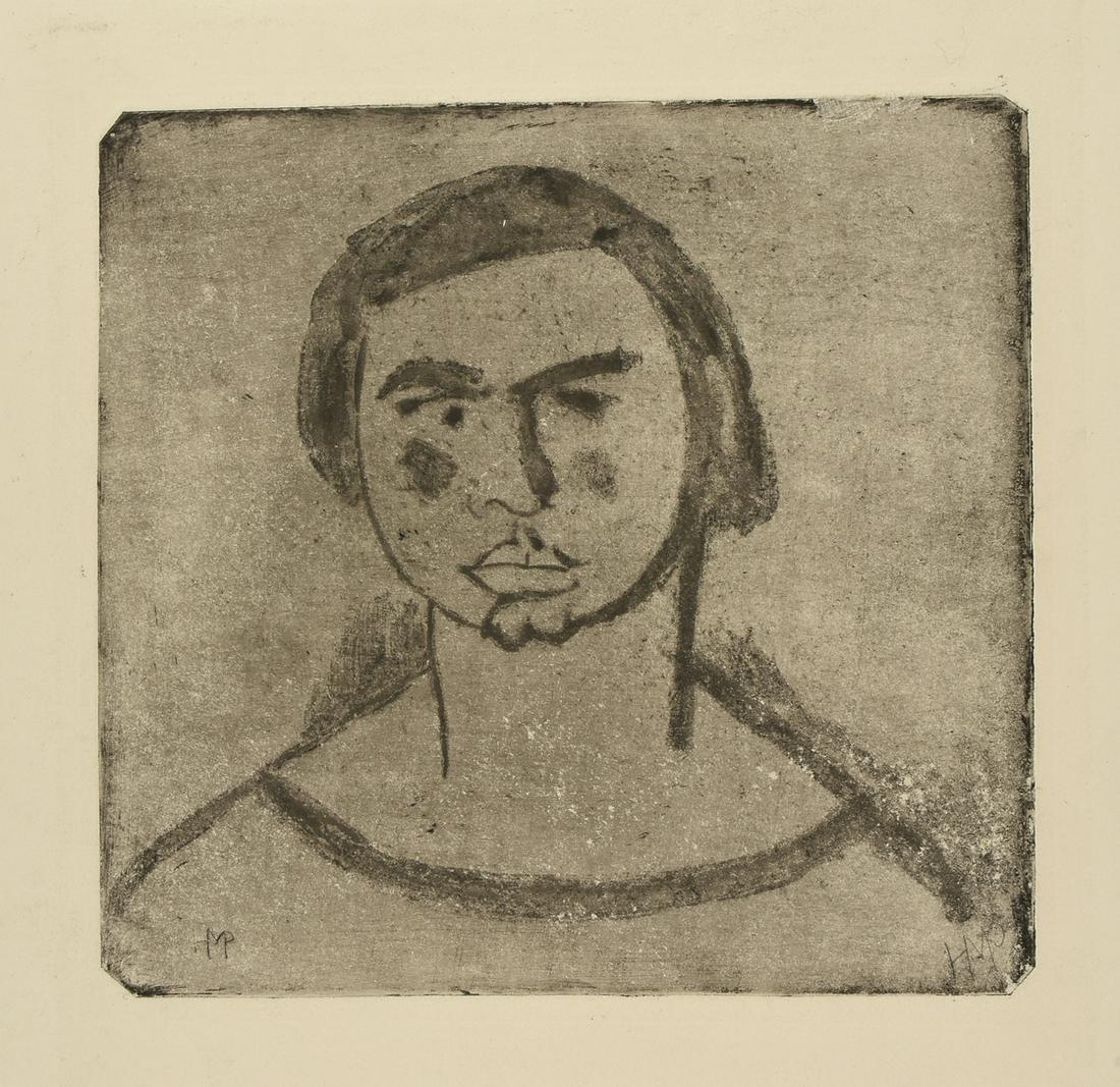HERMANN MAX PECHSTEIN (German 1881-1955) AN ETCHING,: HERMANN MAX PECHSTEIN (German 1881-1955) AN ETCHING, "Frauenkopf," 1912, on paper, signed in plate L/L and initialed in pencil L/R, image: 9 7/8" x 10 1/4"; sheet: 18 1/2" x 14 1/8". Note: An exceedin