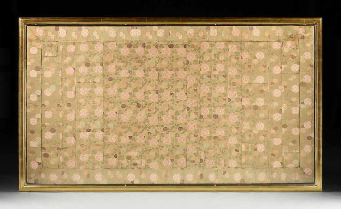 A JAPANESE BUDDHIST PRIEST ARMORIAL MON WOVEN SILK: A JAPANESE BUDDHIST PRIEST ARMORIAL MON WOVEN SILK BROCADE KESA ROBE, TACHIBANA FAMILY MON, 18TH/19TH CENTURY, of rectangular form and a conforming border with a single row of red ink mandarin orange