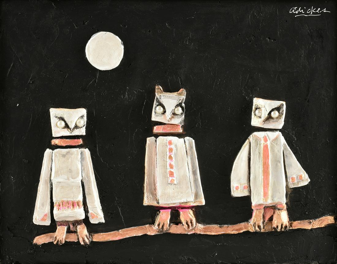 DAVID ADICKES (American/Texas b. 1927) A PAINTING,: DAVID ADICKES (American/Texas b. 1927) A PAINTING, "Family of Three Owls," mixed media on matrix now mounted to frame back board, signed U/R, "Adickes." 10 1/2" x 13 1/2"