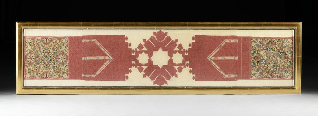 AN ANTIQUE MOROCCAN POLYCHROME ON CLARET RED GROUND: AN ANTIQUE MOROCCAN POLYCHROME ON CLARET RED GROUND CROSS STITCHED BOLSTER COVER ARID, 18TH CENTURY, of rectangular form and with two end panels beautifully stitched in shades of yellow gold and blue 