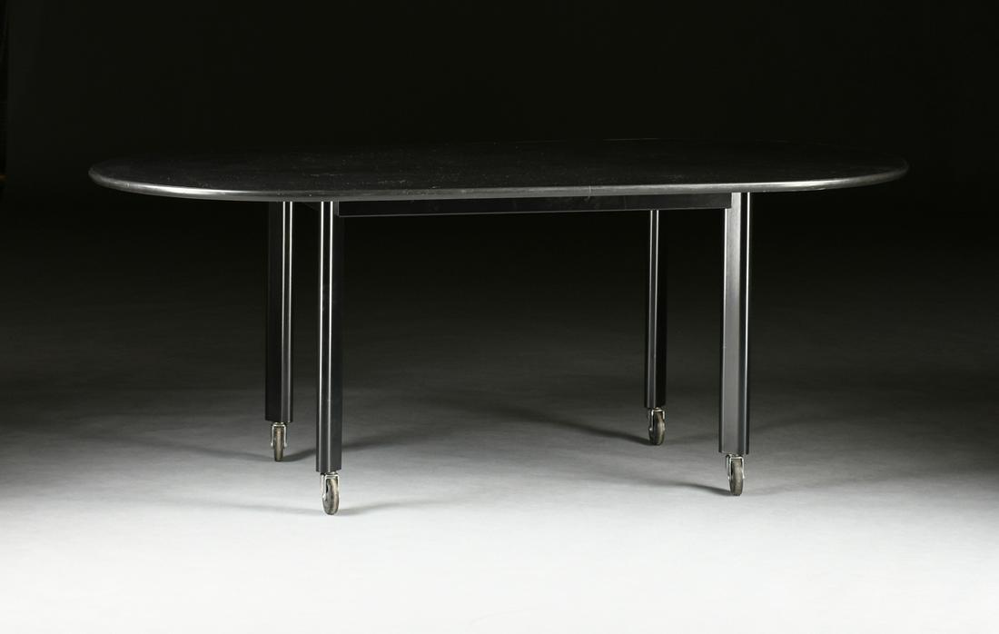 A KNOLL INTERNATIONAL RACETRACK WORK TABLE, AFTER: A KNOLL INTERNATIONAL RACETRACK WORK TABLE, AFTER DESIGNS BY JOSEPH PAUL D'URSO (b. 1943), CIRCA 1980, the jet black laminate elliptical top, over a wide skirt reinforced by interior mounted ballast p