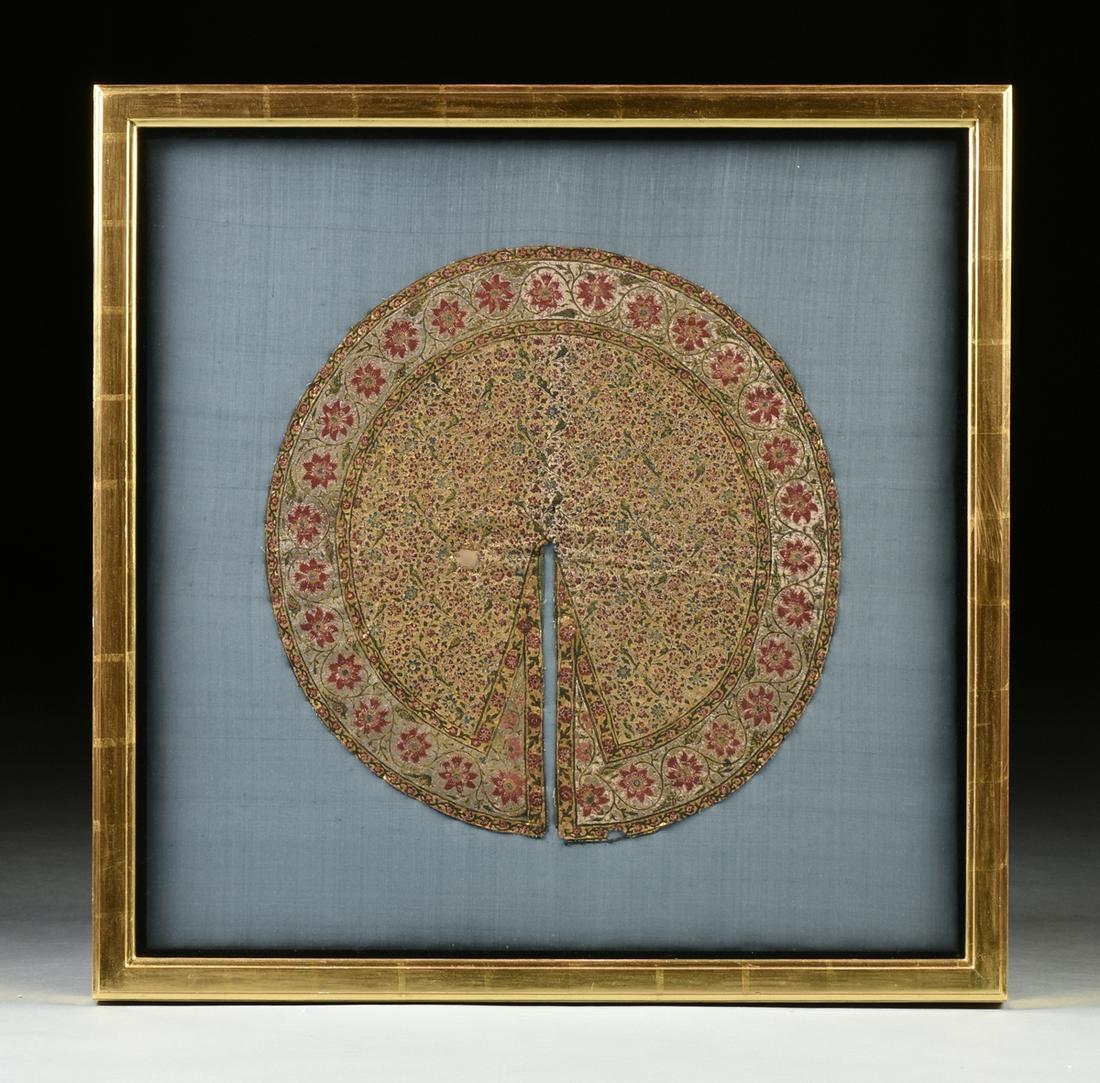 A MUGHAL EMPIRE (1526-1857) PARCEL GILT POLYCHROME AND: A MUGHAL EMPIRE (1526-1857) PARCEL GILT POLYCHROME AND DYED COTTON PANKHA HAND FAN, DECCAN, INDIA, FIRST HALF 18TH CENTURY, the center resist dyed with black, yellow, green, blue and red pigments, ten