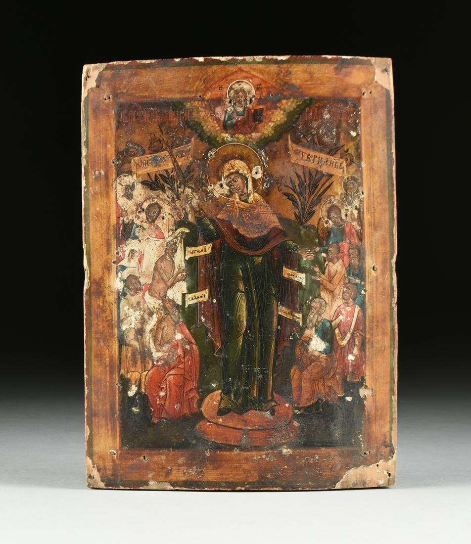 A RUSSIAN ORTHODOX ICON, "Theotokos, Joy of All Who: A RUSSIAN ORTHODOX ICON, "Theotokos, Joy of All Who Sorrow," 18TH/19TH CENTURY, egg tempera, gilt and sgraffito over gesso on wood panel. 12 3/8" x 9" Note: Всех с&#