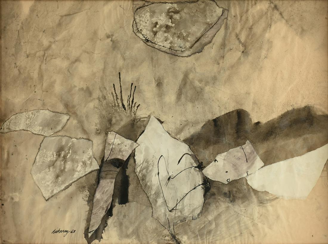 DICK WRAY (American/Texas 1933-2011) A PAINTING, "Black: DICK WRAY (American/Texas 1933-2011) A PAINTING, "Black and White," 1963, watercolor and mixed media on paper, signed and dated L/L. 17 1/2" x 23 1/2"