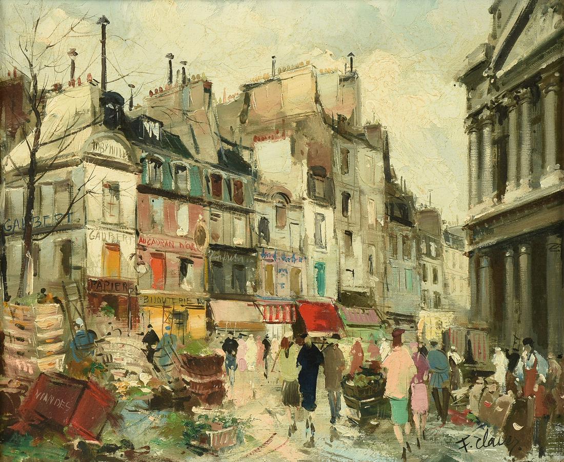 FERNAND CLAVER (French 1918-c.1961) A PAINTING, "Les: FERNAND CLAVER (French 1918-c.1961) A PAINTING, "Les Halles, Paris," oil on canvas, signed L/R, "F. Claver." 20" x 24"