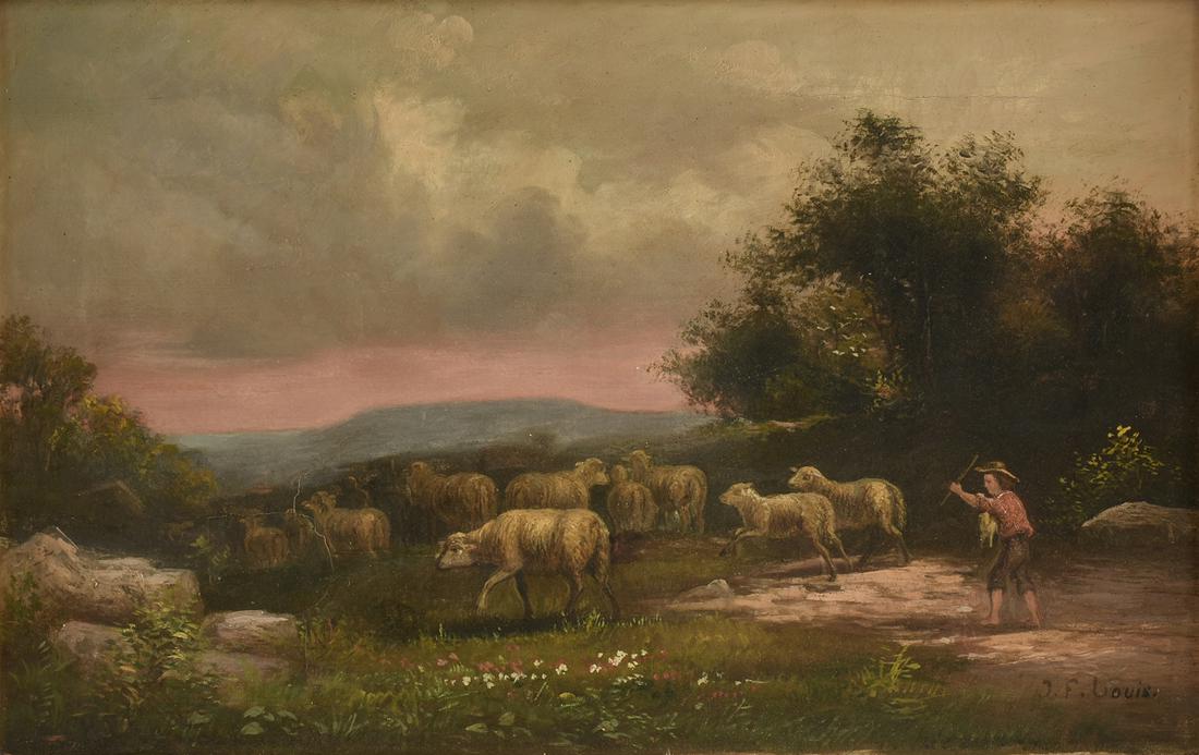 A BARBIZON SCHOOL (19th Century) A PAINTING, "Shepherd: A BARBIZON SCHOOL (19th Century) A PAINTING, "Shepherd Herding Sheep at Sunset," oil on canvas, signed in monogram "J.F.L." 14" x 22"