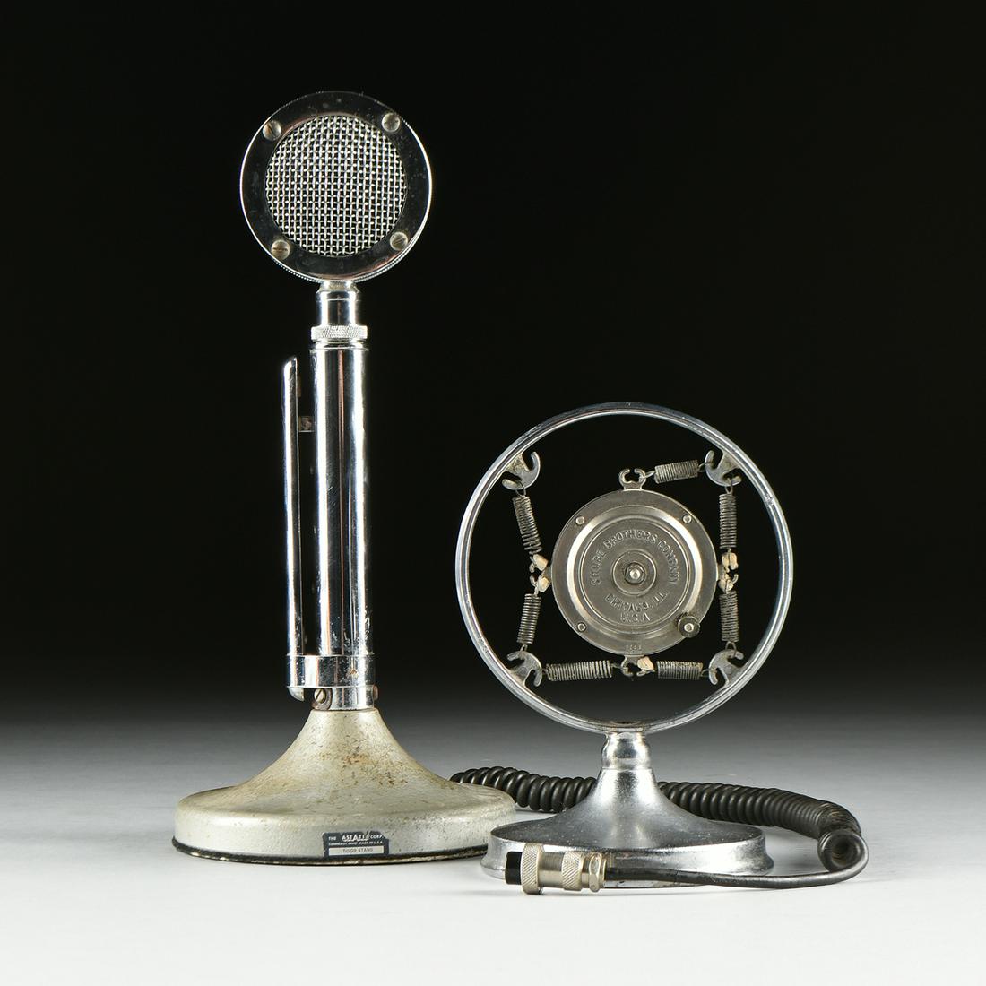TWO VINTAGE MICROPHONES, SHURE BROTHERS CO. AND THE: TWO VINTAGE MICROPHONES, SHURE BROTHERS CO. AND THE ASTATIC CORP., 1930-1940, the smaller Shure model comprised of a model 3A microphone mounted to a an older model 60N, listed in the 1936 catalog