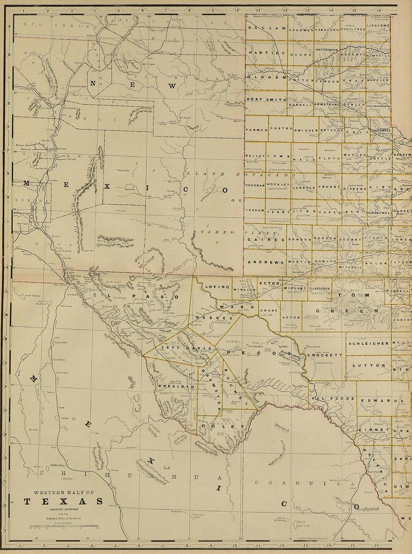 AN ANTIQUE MAP, "Western Half Of Texas," CHICAGO, CIRCA: AN ANTIQUE MAP, "Western Half Of Texas," CHICAGO, CIRCA 1889, color lithograph on paper, "Engraved Expressly for the Standard Atlas of the World," a page fragment from Cram's Standard American Atlas O