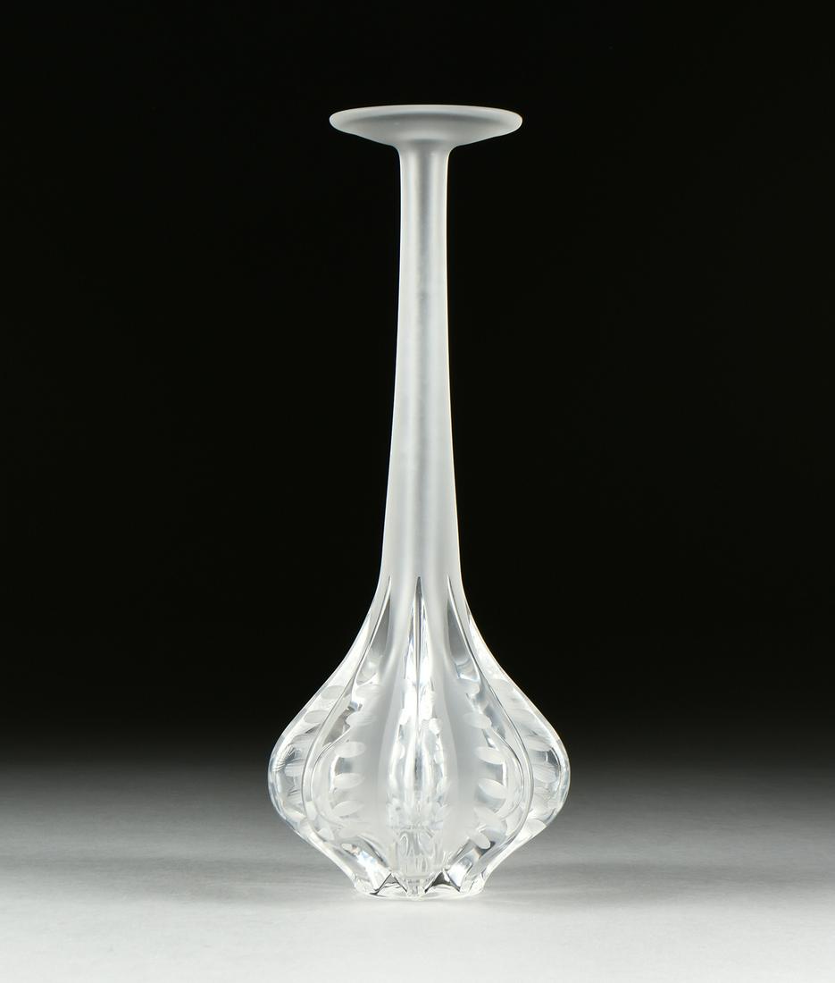 A LALIQUE FROSTED CRYSTAL VASE, CLAUDE PATTERN,: A LALIQUE FROSTED CRYSTAL VASE, CLAUDE PATTERN, ENGRAVED SIGNATURE, NO 12273, 20TH CENTURY, of bottle form and a flat rimmed dish form mouth on a long neck swelling to a shaped bulbous body, verso cur