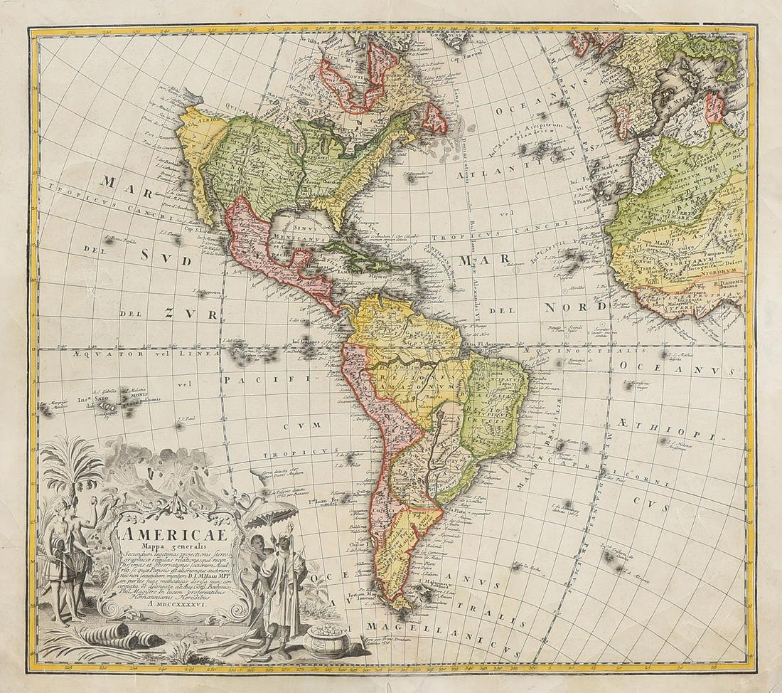 AN ANTIQUE MAP, "Americæ Mappa Generalis," 1746,: AN ANTIQUE MAP, "Americæ Mappa Generalis," 1746, hand colored engraving, published by Johann Baptist Homann (1664-1724) with special acknowledgement to Johann Matthias Hase (1684-1742) and August