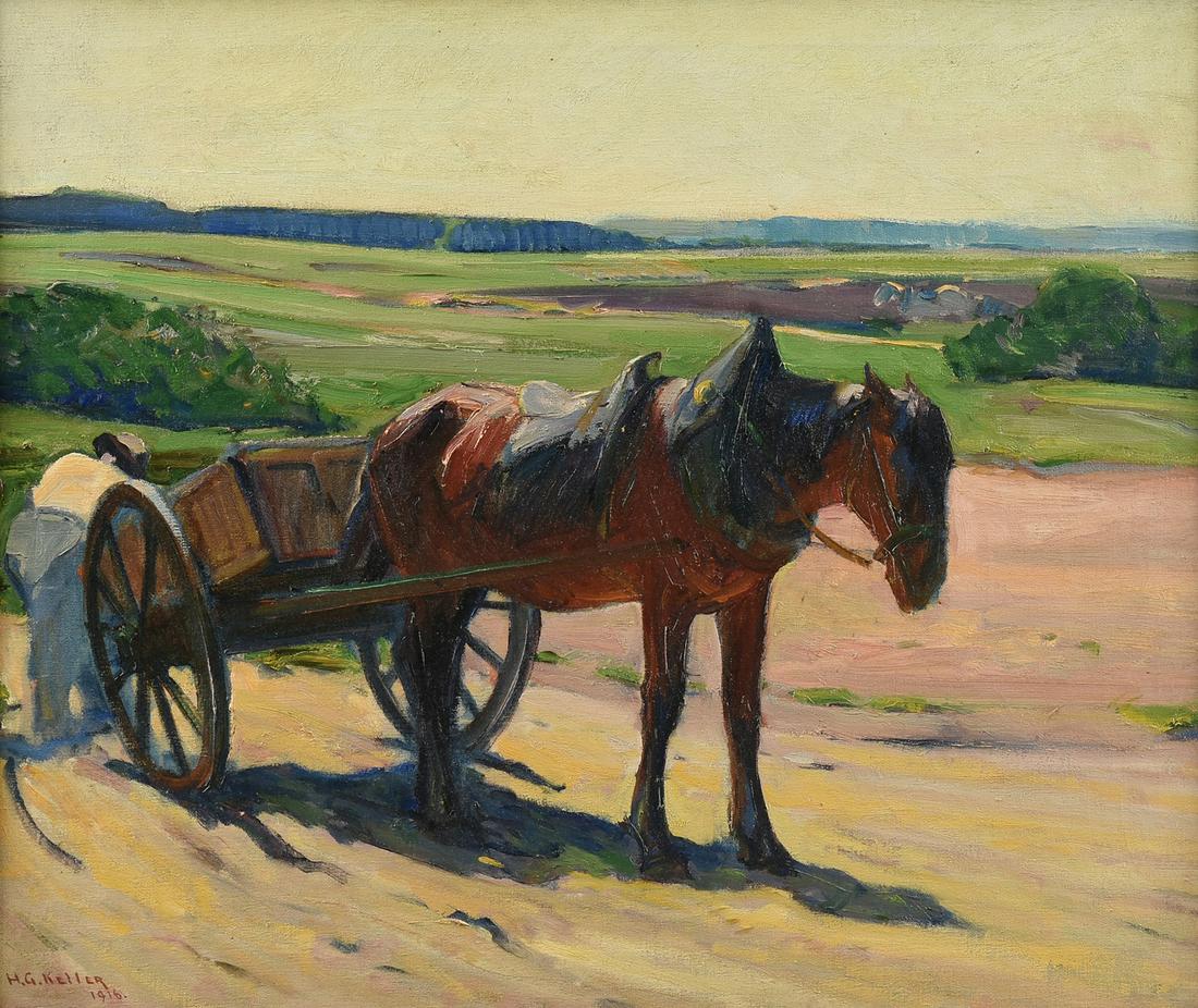HENRY GEORGE KELLER (American 1869-1949) A PAINTING,: HENRY GEORGE KELLER (American 1869-1949) A PAINTING, "Horse Cart in Landscape," 1916, oil on canvas, signed and dated L/L, "H.G. Keller, 1916." 24 1/2" x 29 1/2"
