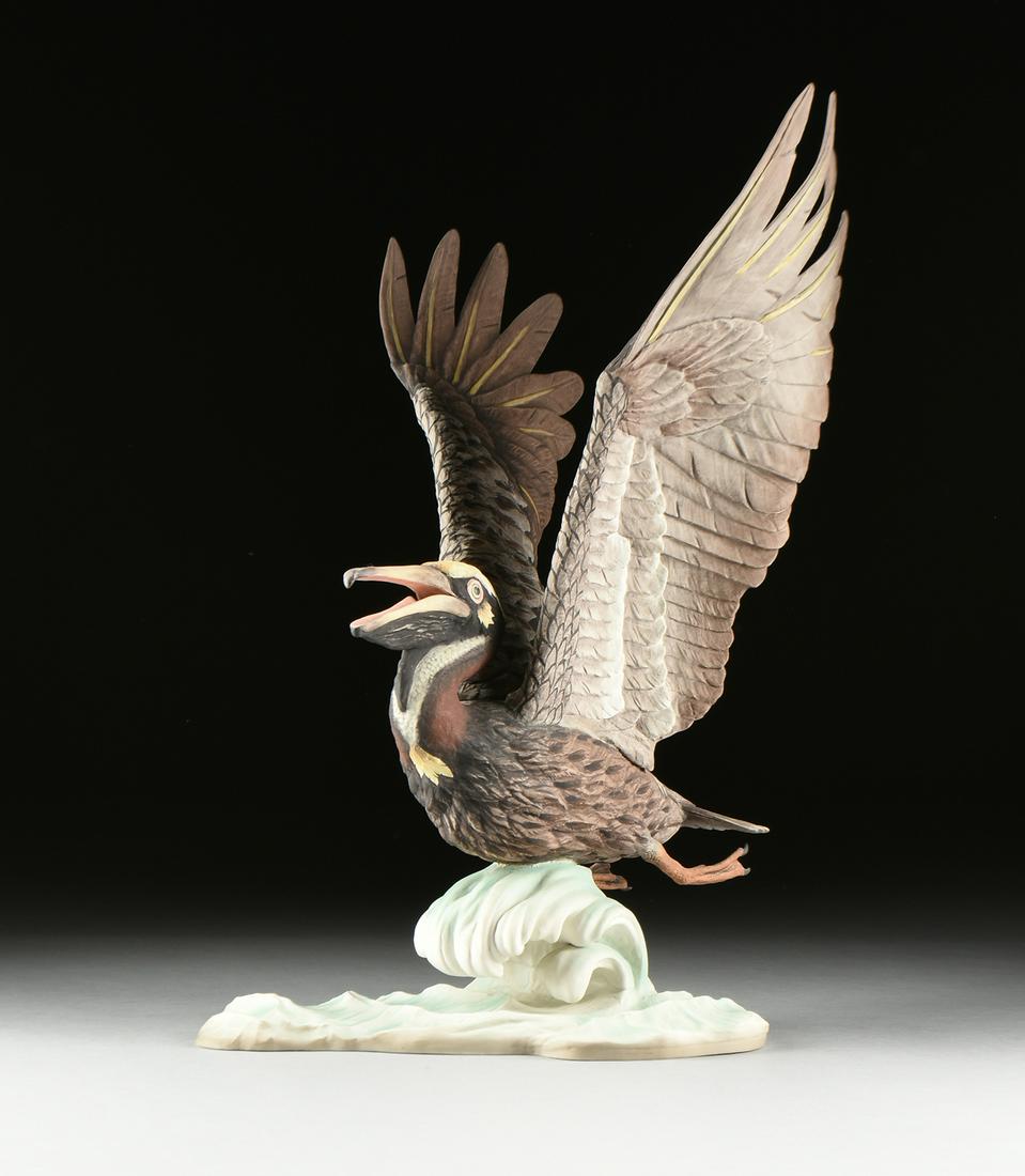 A BOEHM SCULPTURE, "Brown Pelican," UNITED STATES,: A BOEHM SCULPTURE, "Brown Pelican," UNITED STATES, hand painted bisque porcelain, number 60, verso maker's mark. Height: 22.00" Width: 13.50" Depth: 14.00"