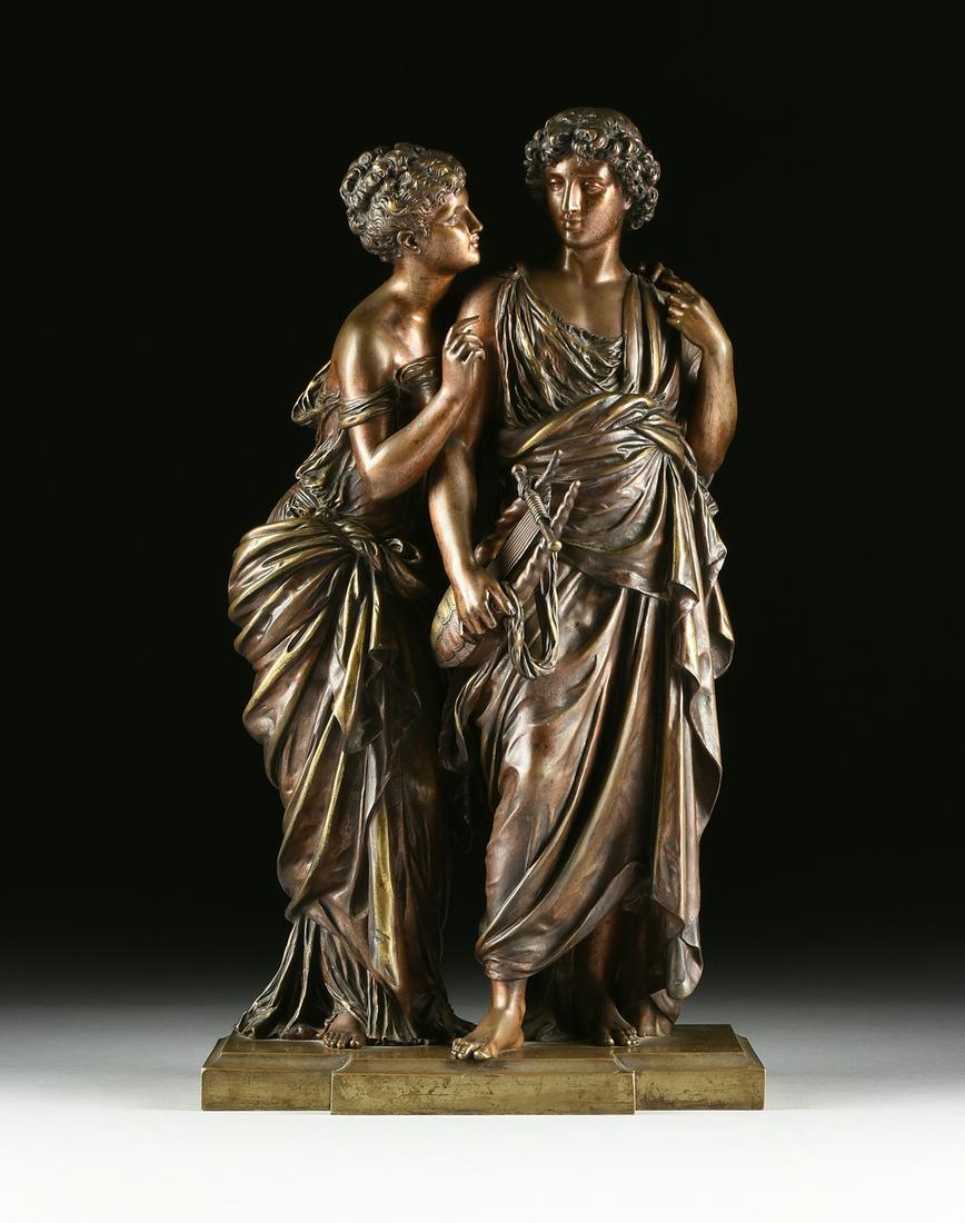 after MATHURIN MOREAU (French 1822-1912) A SCULPTURE,: after MATHURIN MOREAU (French 1822-1912) A SCULPTURE, "Orpheus and Eurydice," parcel gilt patinated bronze, signed in bronze "Moreau." 21 1/2" x 12" Note: The scene; Orpheus puts down his lyre, his to