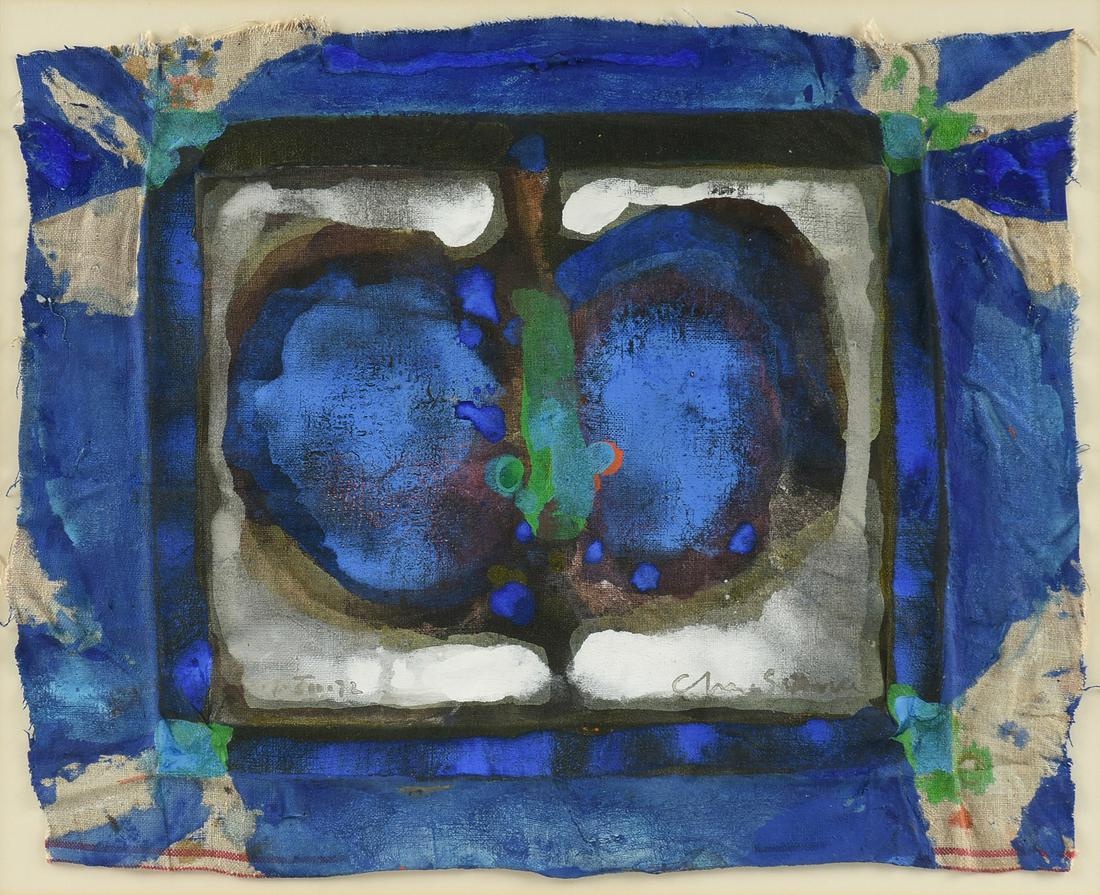 CHARLES SCHORRE (American/Texas 1925-1996) A PAINTNG,: CHARLES SCHORRE (American/Texas 1925-1996) A PAINTNG, "Untitled," 1972, oil on unstretched canvas, signed L/R and dated L/L. 12" x 15" Note: This painting appears to have been removed from the st