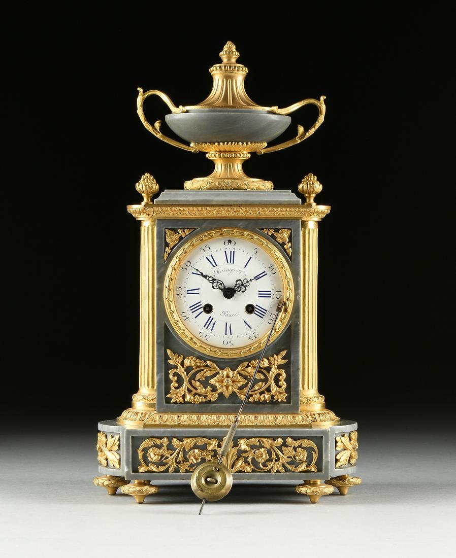 A LOUIS XVI STYLE ORMOLU MOUNTED BLEU TURQUIN MARBLE: A LOUIS XVI STYLE ORMOLU MOUNTED BLEU TURQUIN MARBLE MANTLE CLOCK, BY RAINGO FRÈRES, PARIS, 19TH CENTURY, the neoclassical lidded two handled urn on a berried laurel trimmed socle and a molded re