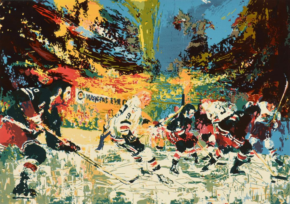 LEROY NEIMAN (American 1921-2012) A PRINT, "Ice Men,": LEROY NEIMAN (American 1921-2012) A PRINT, "Ice Men," color serigraph on paper, signed in margin in pencil, "leRoy Neiman," and marked artist proof L/L, "AP." 27 3/4" x 37 3/4" Provenance: Property fr
