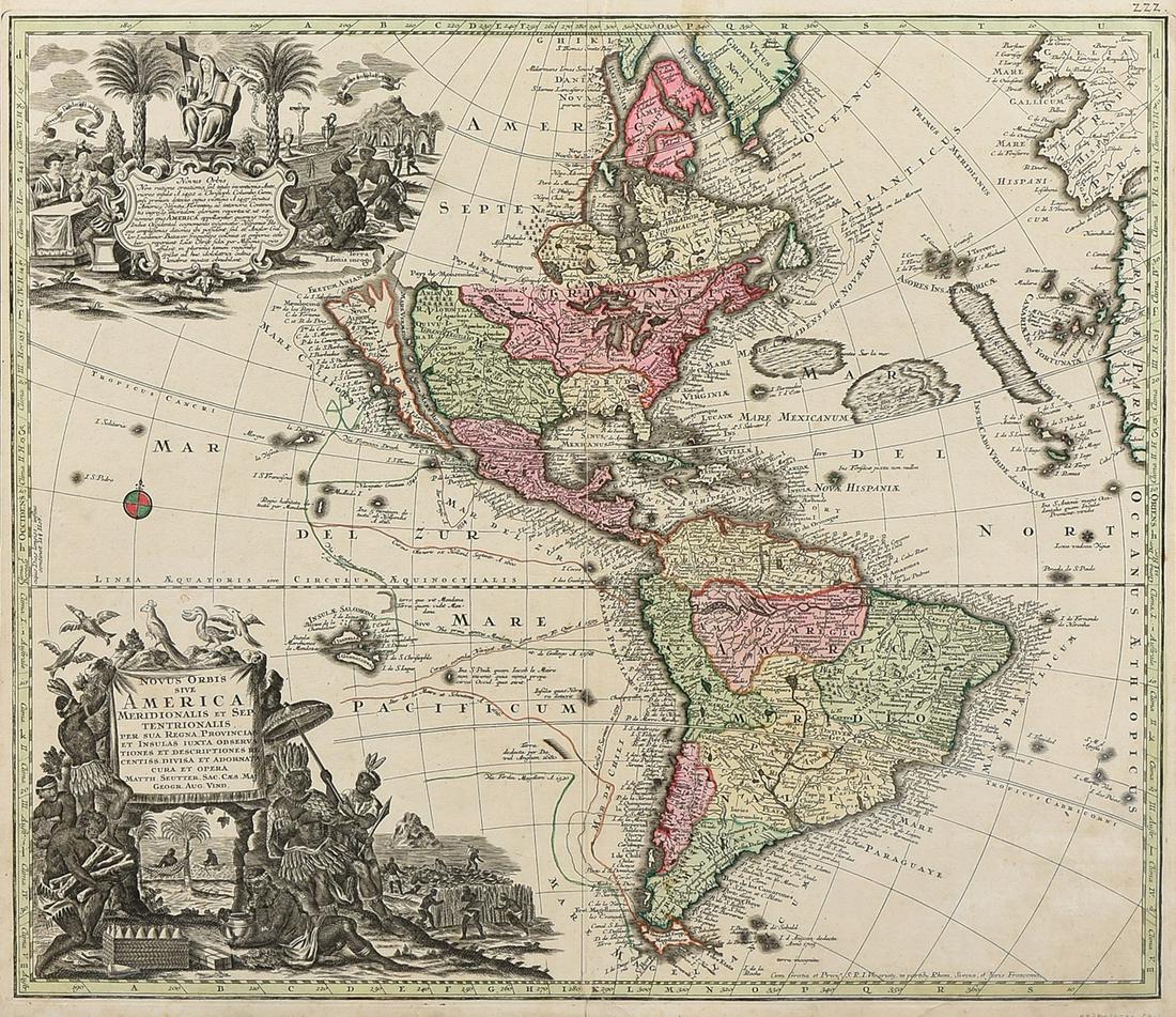 AN ANTIQUE MAP, "Novus Orbis sive America Meridionalis: AN ANTIQUE MAP, "Novus Orbis sive America Meridionalis et Septentrionalis," AUGSBURG, CIRCA 1740, hand colored engraving on paper, published by Matthaus Seutter (1687-1757), one cartouche with a scene
