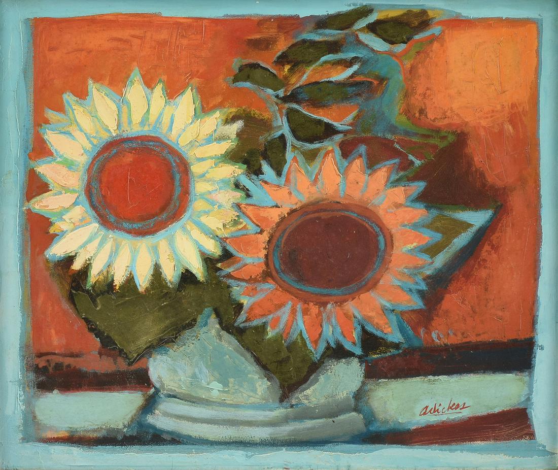 DAVID ADICKES (American/Texas b. 1927) A PAINTING,: DAVID ADICKES (American/Texas b. 1927) A PAINTING, "Sunflowers," 1970, oil on board, signed L/R and verso in black felt-tip titled, dated, and signed. 17 3/4" x 21" 
