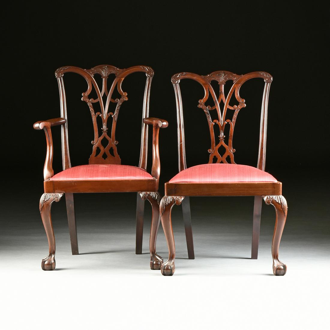 A SET OF EIGHT GEORGE III (1760-1811) STYLE MAHOGANY: A SET OF EIGHT GEORGE III (1760-1811) STYLE MAHOGANY DINING CHAIRS, AFTER THOMAS CHIPPENDALE (1718-1779), LATE 19TH/EARLY 20TH CENTURY, in the Gothic Revival taste, comprising six side chairs an