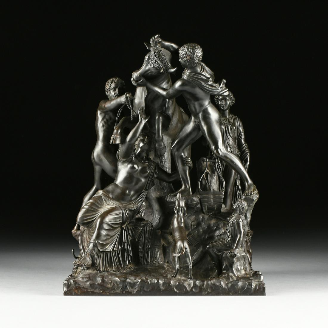 AN ITALIAN BRONZE GROUP OF THE FARNESE BULL, CIRCA: AN ITALIAN BRONZE GROUP OF THE FARNESE BULL, CIRCA 1890, after the Antique, nicely modeled and detailed throughout with a lovely blackish to cocoa brown patination, each separately cast figure centeri