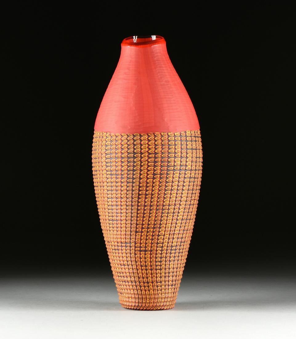 MASSIMILIANO SCHIAVON (Italian b. 1971) A CONTEMPORARY: MASSIMILIANO SCHIAVON (Italian b. 1971) A CONTEMPORARY GLASS VASE, MURANO, "Vaso Battuto," CIRCA 2003, hand cut multicolor opaque glass and clear crystal, signed by artist and retailer verso. Hei