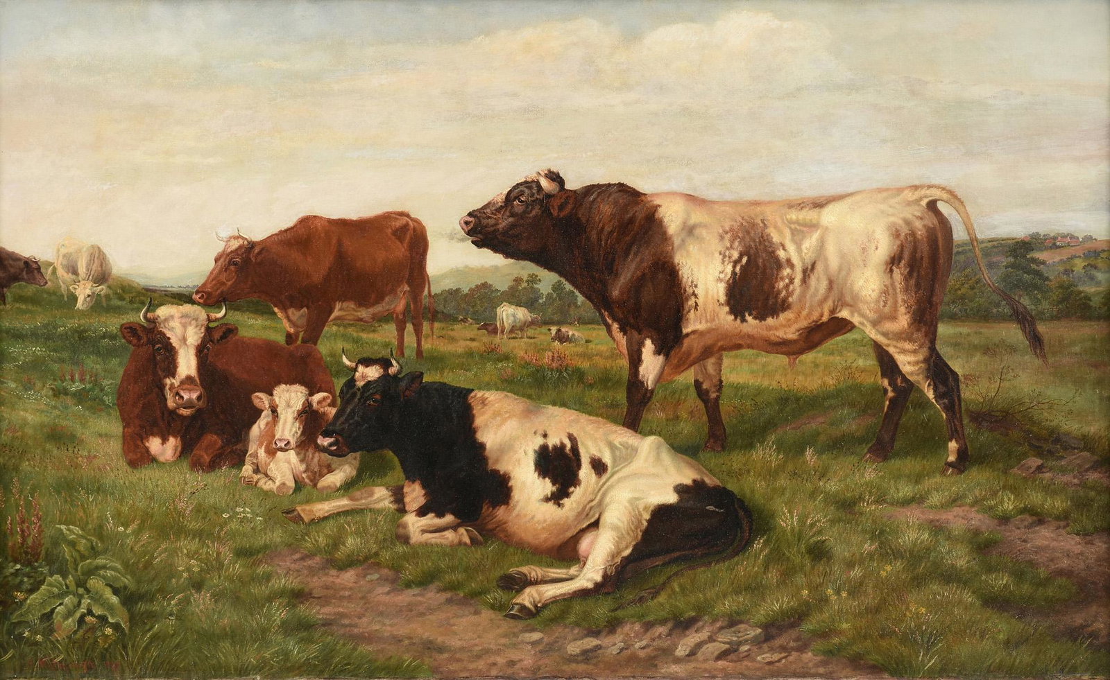 AMOS WATMOUGH (English active 1877-1912) A PAINTING,: AMOS WATMOUGH (English active 1877-1912) A PAINTING, "Hereford and Ayrshire Cattle in Landscape," 1896, oil on canvas, signed L/L "A. Watmough," and dated. 30" x 49" Note: Amos Watmough, S.W. is liste
