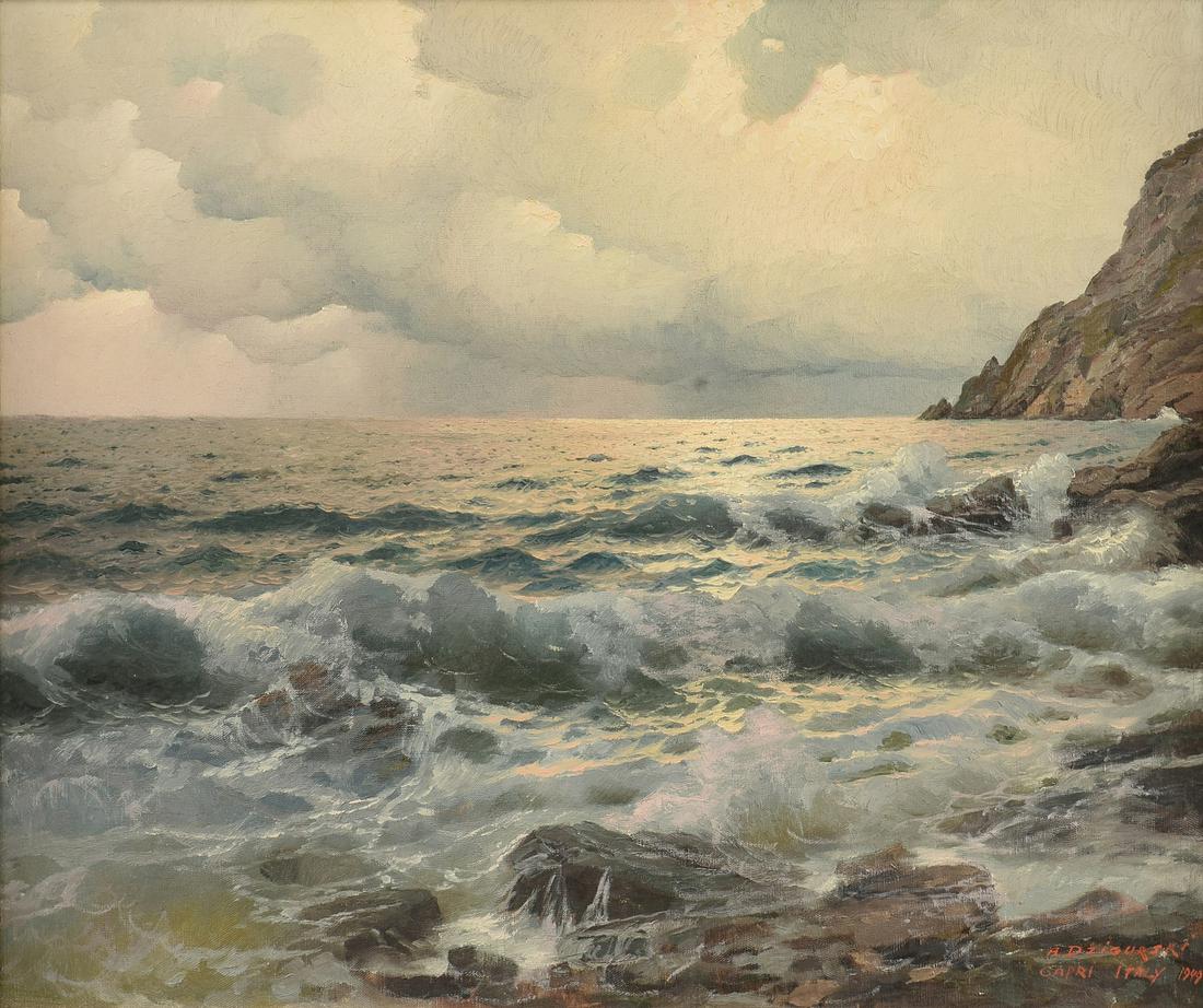 ALEXANDER DZIGURSKI (American 1911-1995) A PAINTING,: ALEXANDER DZIGURSKI (American 1911-1995) A PAINTING, "Rain and Choppy Seas in Capri, Italy," 1949, oil on canvas, signed, dated, and placed L/R. 24 3/8" x 29 3/8"