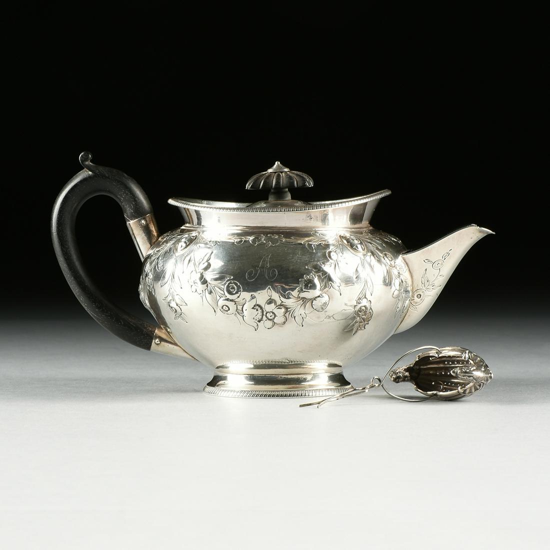 A ROBERT GARRARD STERLING TEAPOT AND GORHAM TEA: A ROBERT GARRARD STERLING TEAPOT AND GORHAM TEA STRAINER, ENGLISH/AMERICAN, EARLY 19TH CENTURY, a viking style tea strainer, marked, Gorham, 1865-1899; and a George III (1760-1811) teapot with r