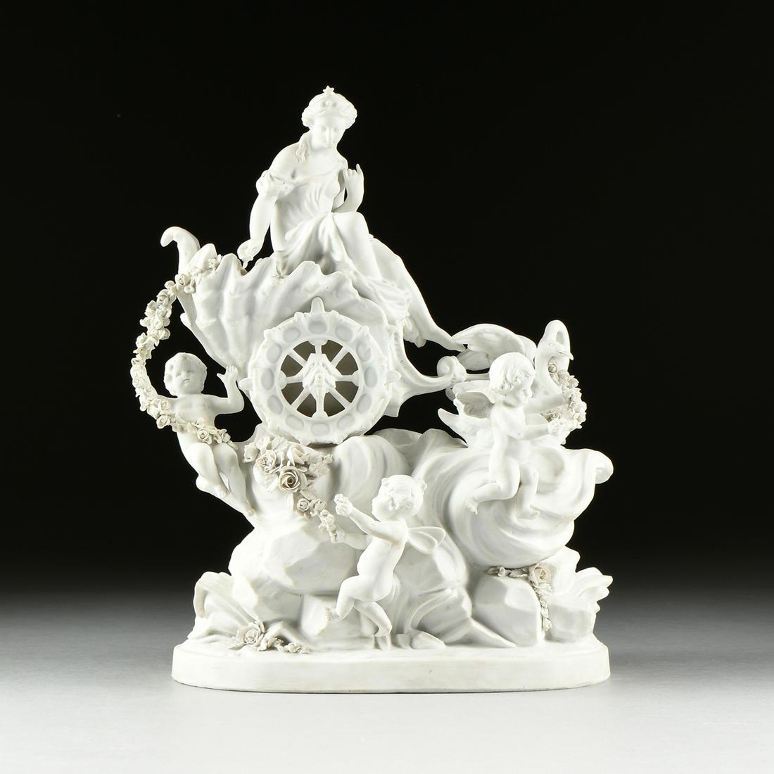 A BAROQUE REVIVAL BISQUE PORCELAIN FIGURAL GROUPING,: A BAROQUE REVIVAL BISQUE PORCELAIN FIGURAL GROUPING, "Allegory of Spring," POSSIBLY GERMAN, LATE 19TH CENTURY, the group of cherubs and fairies uphold a garland of roses encircling a rippling sh