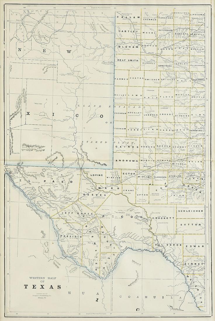 AN ANTIQUE MAP, "Western Half Of Texas," CHICAGO,: AN ANTIQUE MAP, "Western Half Of Texas," CHICAGO, ILLINOIS, 19TH/20TH CENTURY, color engraving on paper, printed by People's Publishing Co., with view of New Mexico. 20 3/4" x 14" Provenance: Pro