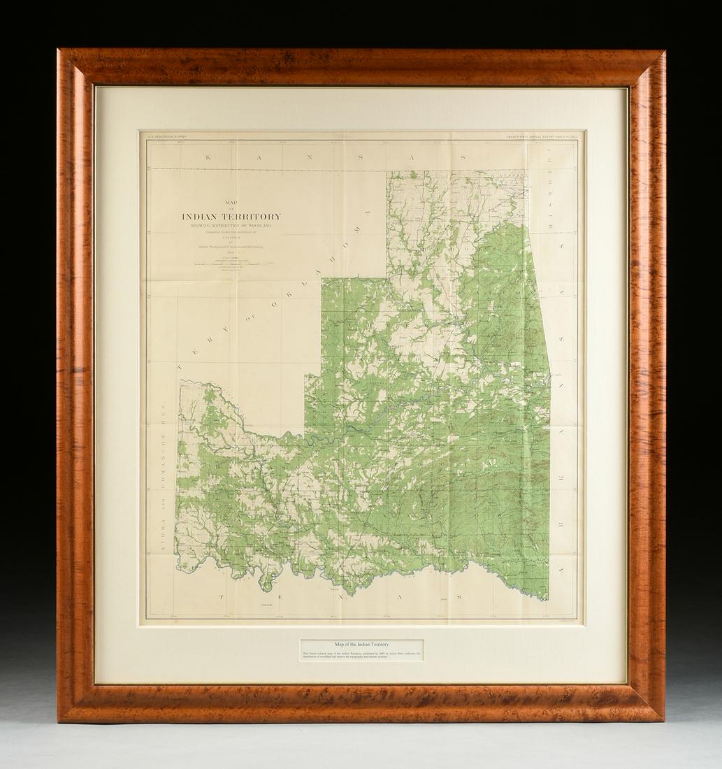 AN ANTIQUE MAP, "Map of Indian Territory Showing: AN ANTIQUE MAP, "Map of Indian Territory Showing Distribution of Woodland," NEW YORK, 1899, color lithograph, published by Julius Bien (1826-1909), "Compiled under the direction of C.H. Fitch by Gilbe