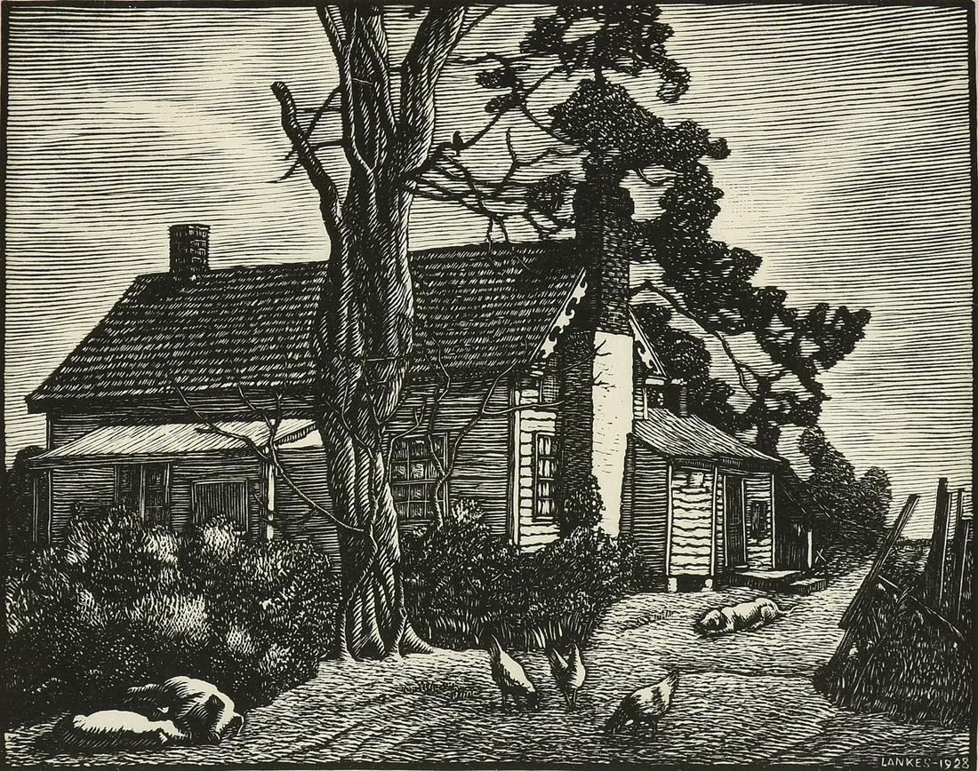 JULIUS L. LANKES (American 1884-1960) A WOODCUT, "in: JULIUS L. LANKES (American 1884-1960) A WOODCUT, "in Virginia," 1928, woodcut print on paper, titled L/L, numbered "No 27" L/C and signed in pencil and in plate L/R. 6" x 7 1/2" Provenance:
