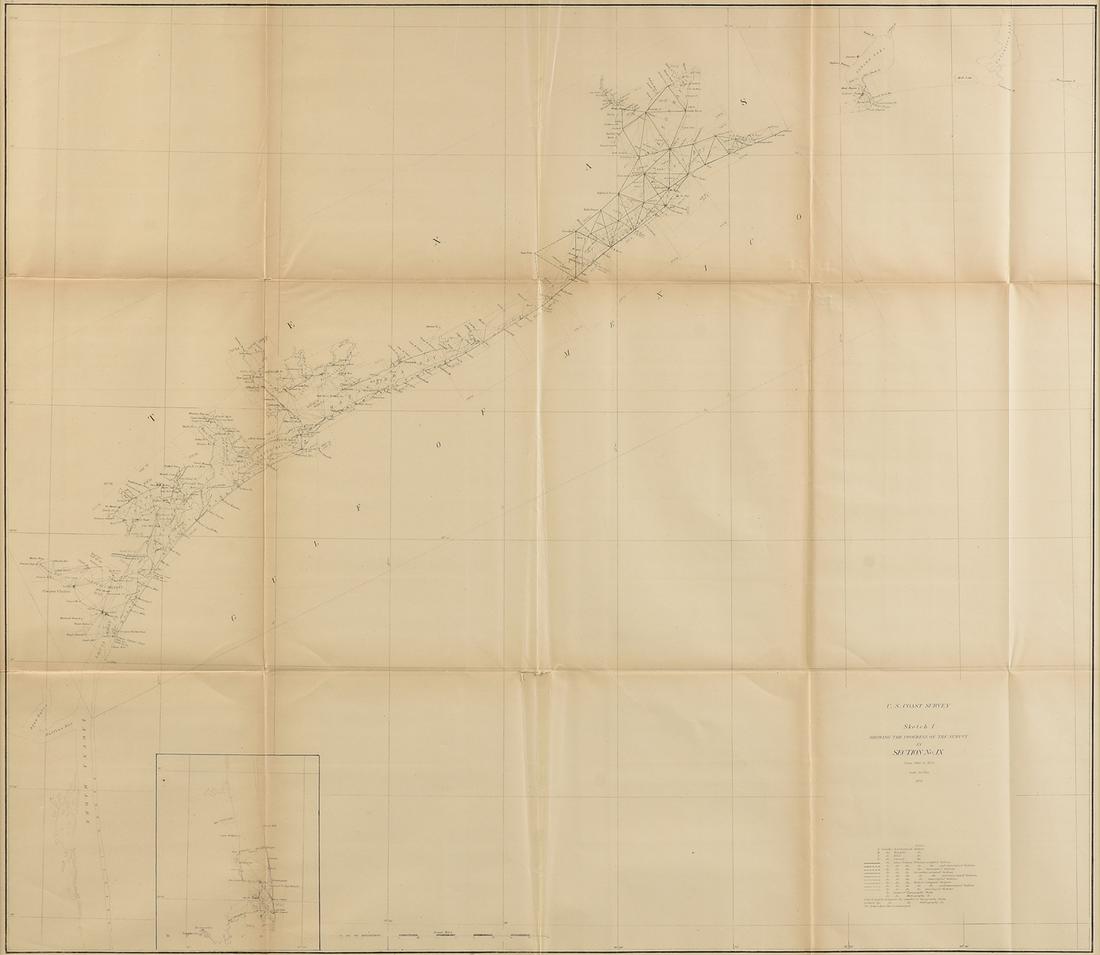 AN ANTIQUE RECONSTRUCTION ERA SURVEY MAP, "U.S. Coast: AN ANTIQUE RECONSTRUCTION ERA SURVEY MAP, "U.S. Coast Survey, Sketch 1, Showing the Progress of the Survey in Section IX from 1848-1875," 1875, lithograph on paper, showing the Texas Gulf Coastline fr