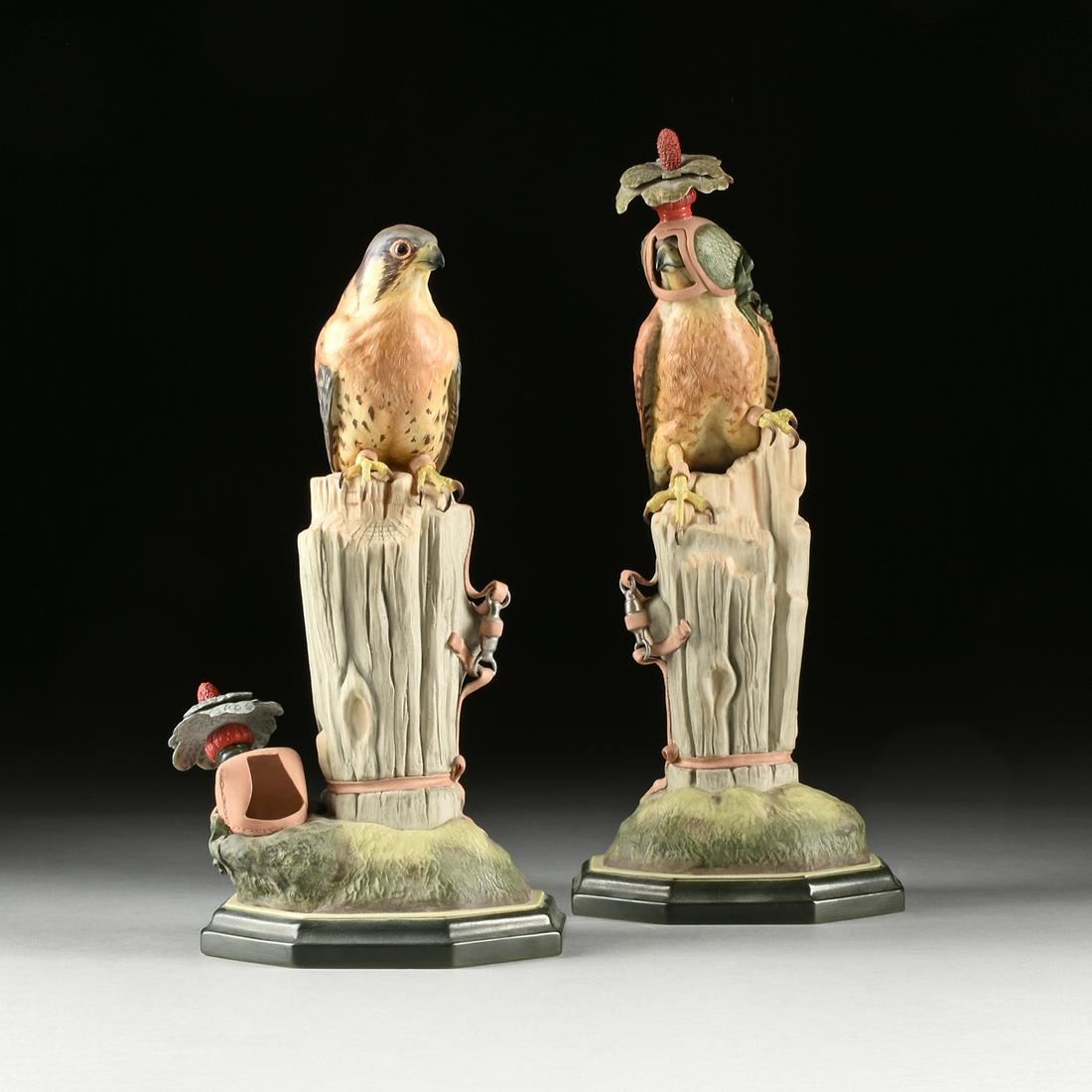 A PAIR OF BOEHM SCULPTURES, "Kestrel," UNITED STATES,: A PAIR OF BOEHM SCULPTURES, "Kestrel," UNITED STATES, two hand painted bisque porcelain sculptures, number 492 & 492W, verso maker's marks. Height: 14" Diameter: 7"