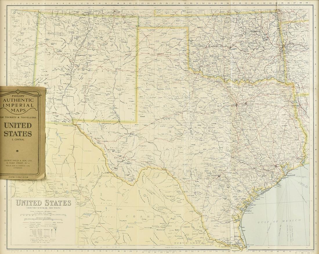 AN ANTIQUE MAP, "United States (South Central),": AN ANTIQUE MAP, "United States (South Central)," LIVERPOOL, GREAT BRITAIN, 1891-1917, a color engraving on paper,"Philips' Authentic Imperial Maps for Tourists and Travelers," printed by George Philip