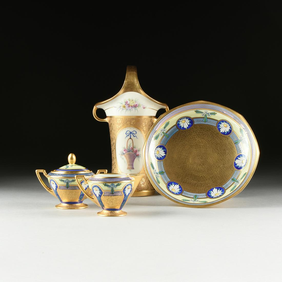 A GROUP OF FOUR FRENCH PICKARD PARCEL GILT ENAMELED: A GROUP OF FOUR FRENCH PICKARD PARCEL GILT ENAMELED PORCELAIN BRUNCHWARES, EARLY 20TH CENTURY, from largest to smallest, a pale form vase with bombé reserves painted with flower sprays over a pol