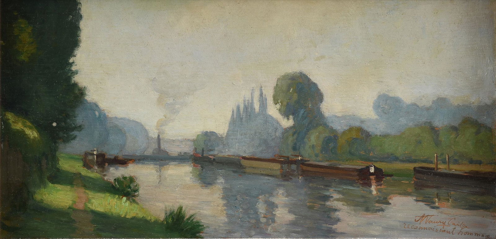 ANDRÉ VAURY CAILLE (French 19th/20th Century) A: ANDRÉ VAURY CAILLE (French 19th/20th Century) A PAINTING, "Reconnaissant Hommage," oil on oak wood panel, signed and titled in sgraffito L/R "A. Vaury Caille, reconnaissant hommage." 8 7/8"